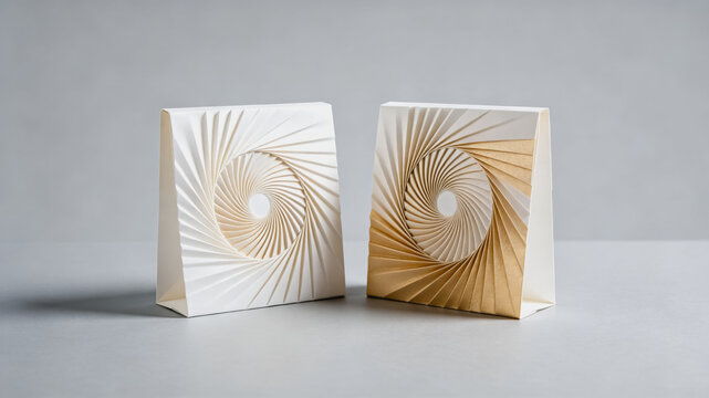 A pair of minimalist decorative paper objects featuring symmetrical spiral pleated designs in white and light gold tones.