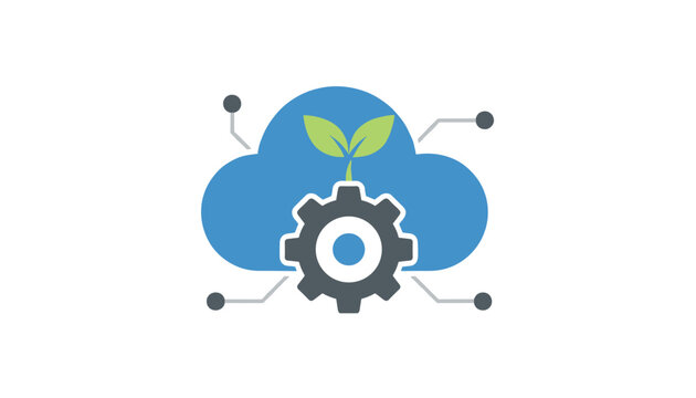Innovative blue cloud icon containing a grey gear and growing green leaves representing eco green technology concept.