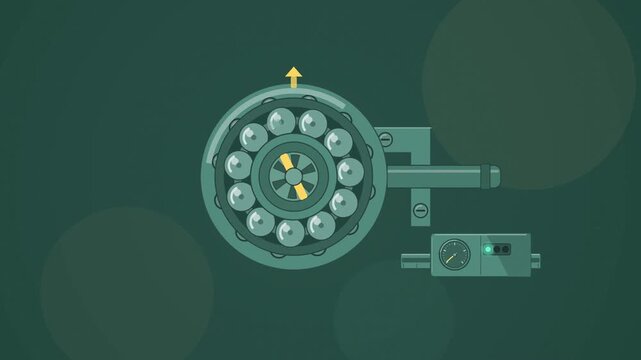 Abstract animated bearing balls rotating between races drawn as cyan and teal lines and shapes on a deep dark background. Seamless looping 4K motion graphics video with free space for text, ideal for 