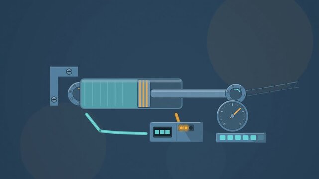 Abstract animated hydraulic piston extending and retracting drawn as blue and cyan lines and shapes on a deep dark background. Seamless looping 4K motion graphics video with free space for text, ideal