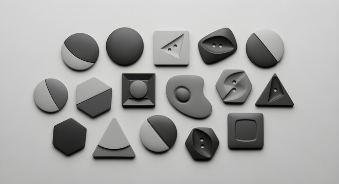 A creatively reimagined version of flat lay of modern minimalist buttons with geometric shapes, monochromatic color palette, clean studio background, abstract design, emphasizing style, visual interes