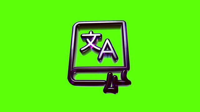Shiny purple 3d translation icon featuring a book and alphabet symbols on a bright green background