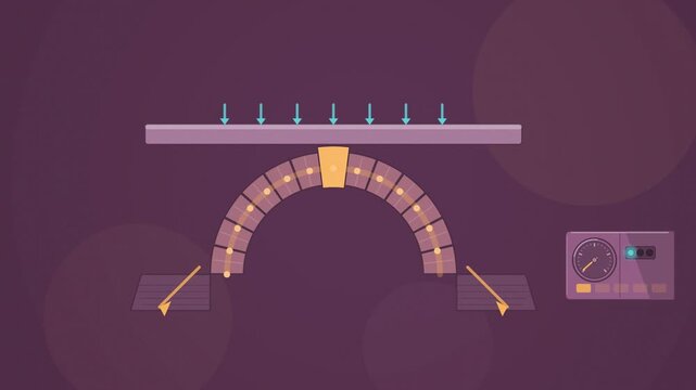 Abstract animated arch voussoirs channeling load thrust drawn as violet and blue lines and shapes on a deep dark background. Seamless looping 4K motion graphics video with free space for text, ideal f