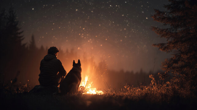 Person and loyal dog sitting beside a glowing warm campfire under bright sparkling night stars