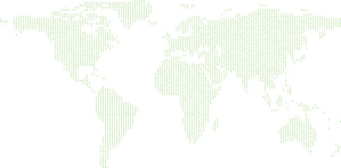 Digital world map made of binary code numbers isolated on transparent background, representing global data network, internet connectivity, information technology, and worldwide communication systems c © Durjoy