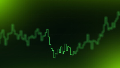 Obraz premium Green digital line graph showing market trends and financial data analysis on a dark background, representing economic progress, investment growth, and stock exchange performance for business reports