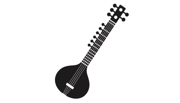 Detailed black silhouette of a traditional Indian sitar musical instrument isolated on a solid white background.