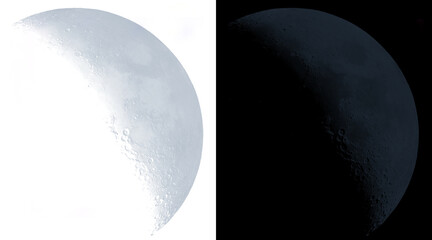 Crescent moon illustration set, glowing lunar phase on white and black backgrounds, celestial satellite with crater texture © Rahat