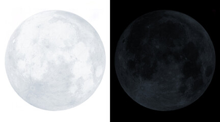 Full moon illustration set on white and black backgrounds, realistic lunar surface texture, celestial satellite graphic for astronomy design © Rahat