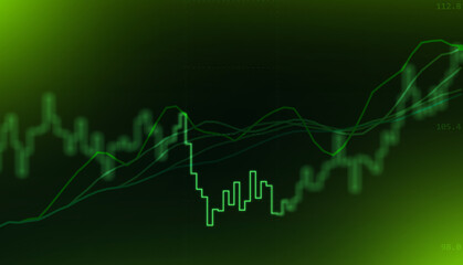 Fototapeta premium Vibrant green digital financial chart displaying stock market trends with multiple moving averages and candlestick patterns, set against a blurred background with subtle data points and glowing effect