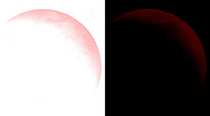 Red crescent moon illustration set, glowing lunar phase on black and white backgrounds, mystical celestial moon graphic for astrology and night sky design © Rahat