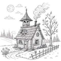 Obraz premium Charming wooden house with tower in a peaceful countryside setting