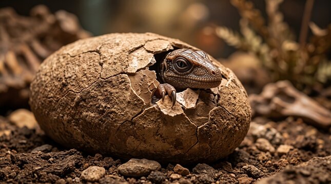 Fierce baby Tyrannosaurus Rex roaring inside a cracked prehistoric egg in a dense jungle conveying dramatic dinosaur fantasy and ancient predator birth.