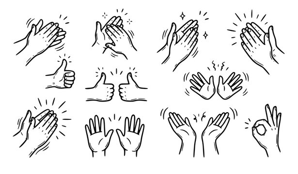 Hand drawn applause and positive gesture collection with clapping hands thumbs up cheering palms and doodle vector illustrations