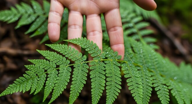A refreshed and expressive rephrasing of macro shot of hiker's hand touching fern leaves, dew drops visible, forest floor detail emphasized, immersive nature perspective, giving it a more contemporary