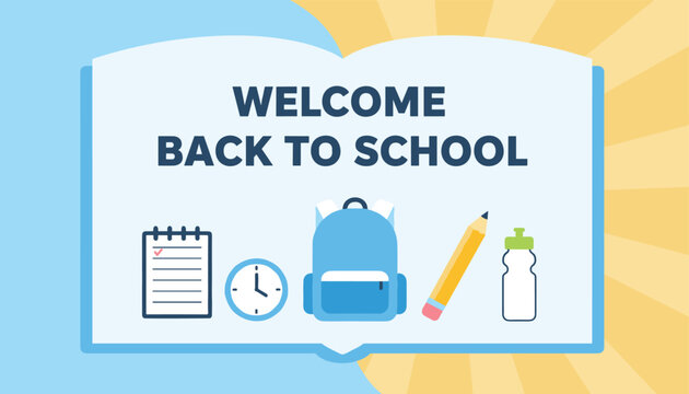 Welcome back to school graphic banner featuring school supplies like a backpack, notebook, pencil, and clock.