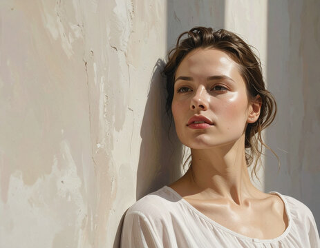 Woman leaning against wall sunlight