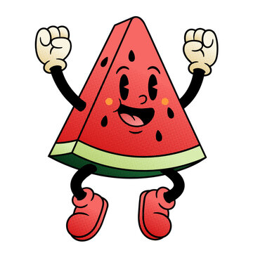 Happy Watermelon Slice Cartoon Character Mascot Illustration Pop Art Retro Summer Fruit Concept