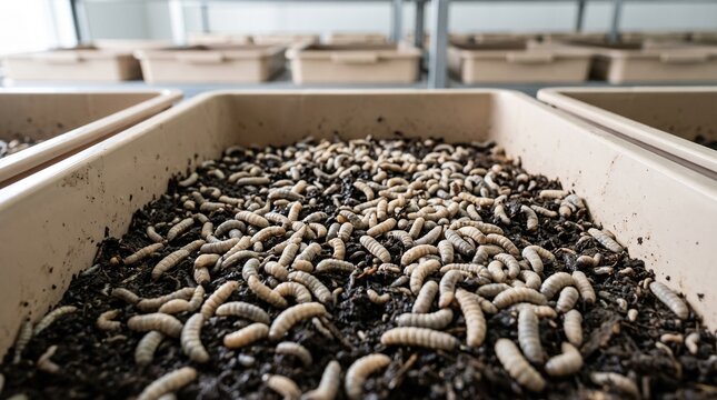 Mass breeding of Black Soldier Fly larvae crawling in organic compost trays depicting sustainable biowaste management and insect farming.