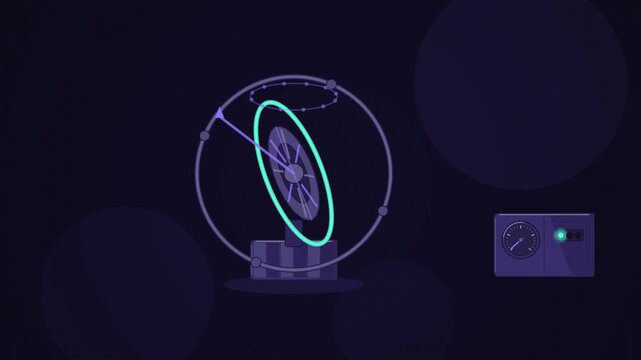 Abstract animated gyroscope precessing inside gimbal rings drawn as blue and cyan lines and shapes on a deep dark background. Seamless looping 4K motion graphics video with free space for text, ideal 