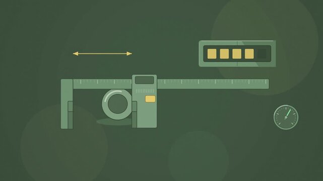 Abstract animated caliper jaws measuring shaft diameter drawn as green and teal lines and shapes on a deep dark background. Seamless looping 4K motion graphics video with free space for text, ideal fo