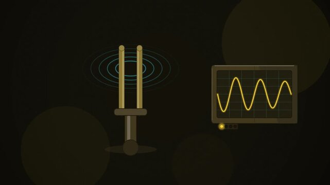 Abstract animated tuning fork tines vibrating steadily drawn as yellow and gold lines and shapes on a deep dark background. Seamless looping 4K motion graphics video with free space for text, ideal fo
