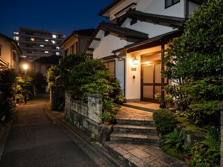 Fototapeta premium 静寂な夜に玄関灯が灯る日本家屋と住宅街の路地