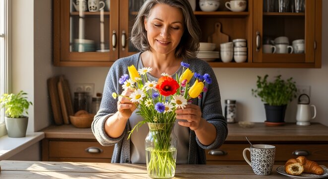 A vivid, atmospheric reinterpretation of middle-aged woman arranging fresh flowers in a vase on a sunlit kitchen counter, rustic wooden cabinets, soft morning light, cozy home vibe, written with riche