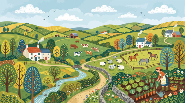 Rural farm landscape vector illustration with rolling green hills, country houses, farm animals, river, and gardener