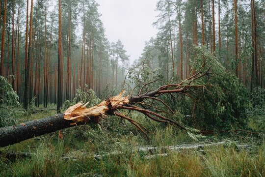 Fallen tree in a misty forest after a storm