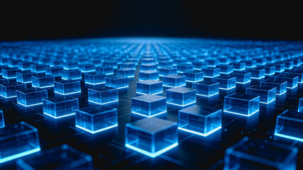 Naklejka premium A 3D rendered view of glowing blue cubic elements arranged in a grid, representing digital technology and data networks.