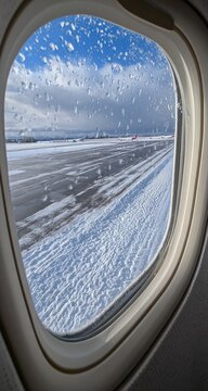Airplane window view of a snowy airport tarmac