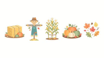 Fototapeta premium Autumn Harvest Festival Flat Vector Icon Set Featuring Scarecrow Hay Bales Pumpkins Corn Stalks and Fall Foliage Elements for Seasonal Design