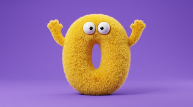 Yellow fluffy monster character shaped like number zero pointing upward on purple background. Cute furry mascot with big googly eyes, ideal for children's education, numbers learning and playful chara