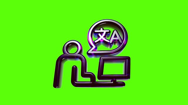 Black glossy translation icon with a person and computer sign representing global digital language