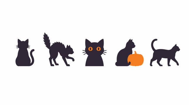 Halloween black cat icons collection featuring various cute and spooky feline silhouettes with pumpkins for seasonal festive designs
