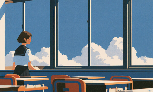 school classroom, one brown-haired teenage schoolgirl standing quietly beside the windows, small figure occupying about one third of the frame