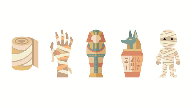 Flat design vector set of Egyptian mummy and Halloween icons featuring sarcophagus bandages canopic jar and mummified hand