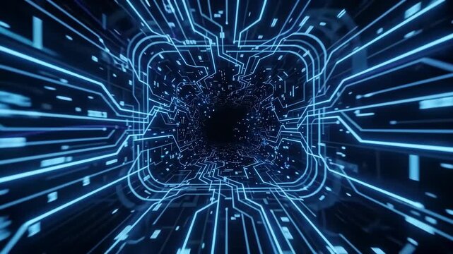 Futuristic digital tunnel abstract blue neon light cyberspace data stream high tech corridor geometric lines sci fi background