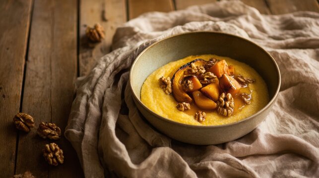 Ultra realistic autumn food photography of a single bowl of creamy golden polenta with roasted pumpkin, walnuts and a delicate honey drizzle