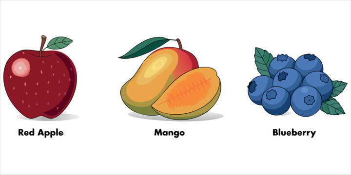 Fresh Fruit Collection with Red Apple, Ripe Mango and Blueberries &ndash; Hand Drawn Tropical Food Vector Illustration