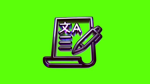 Shiny 3d metal icon of a document with a language symbol and a pen for translation and writing tasks