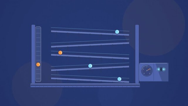 Abstract animated marble rolling down switchback track drawn as blue and cyan lines and shapes on a deep dark background. Seamless looping 4K motion graphics video with free space for text, ideal for 