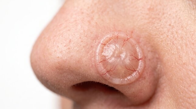 Extreme macro of transparent circular pimple hydrocolloid patch on woman nose skin
