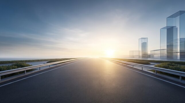 Empty highway leading towards a bright sunlit horizon with modern glass buildings