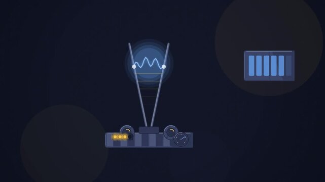 Abstract animated electric arc climbing ladder rails drawn as blue and cyan lines and shapes on a deep dark background. Seamless looping 4K motion graphics video with free space for text, ideal for sc