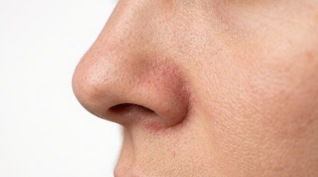 Side close up of human nose with clogged enlarged pores and blackheads