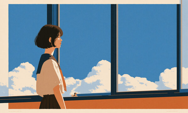 school classroom, one brown-haired teenage schoolgirl standing quietly beside the windows, small figure occupying about one third of the frame