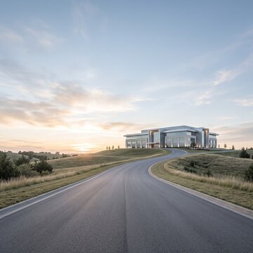 Modern corporate office building situated on a hill with a winding road leading to it during sunset