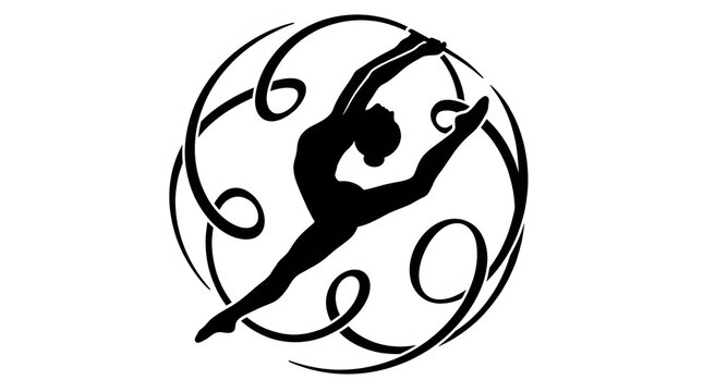 Rhythmic gymnast jumping with ribbon in a stylish circular vector illustration